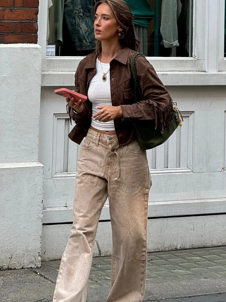 Brown retro Tassel suede leather womens jacket casual long sleeved pocket jacket fashionable autumn street crop jacket 241025