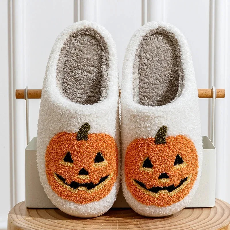 Pumpkin Halloween Womens Slippers Winter Indoor Cartoon Comfort Home Bedroom Soft Causal Flat Plush Shoes for Gift 241025