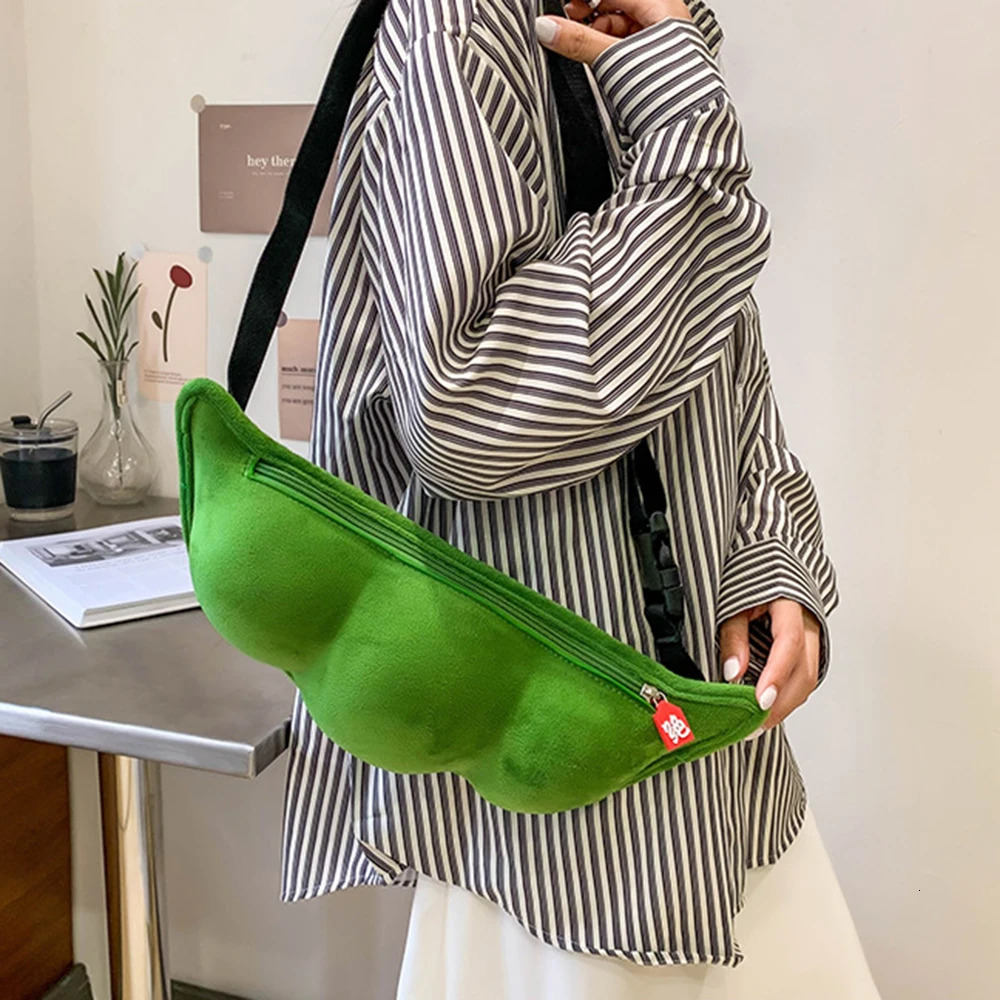 Woman Personality Messenger Bag Creative Green Edamame Shape Ladies Cute Plush Pea Shoulder Bag Funny Chest Bag Trendy 241025