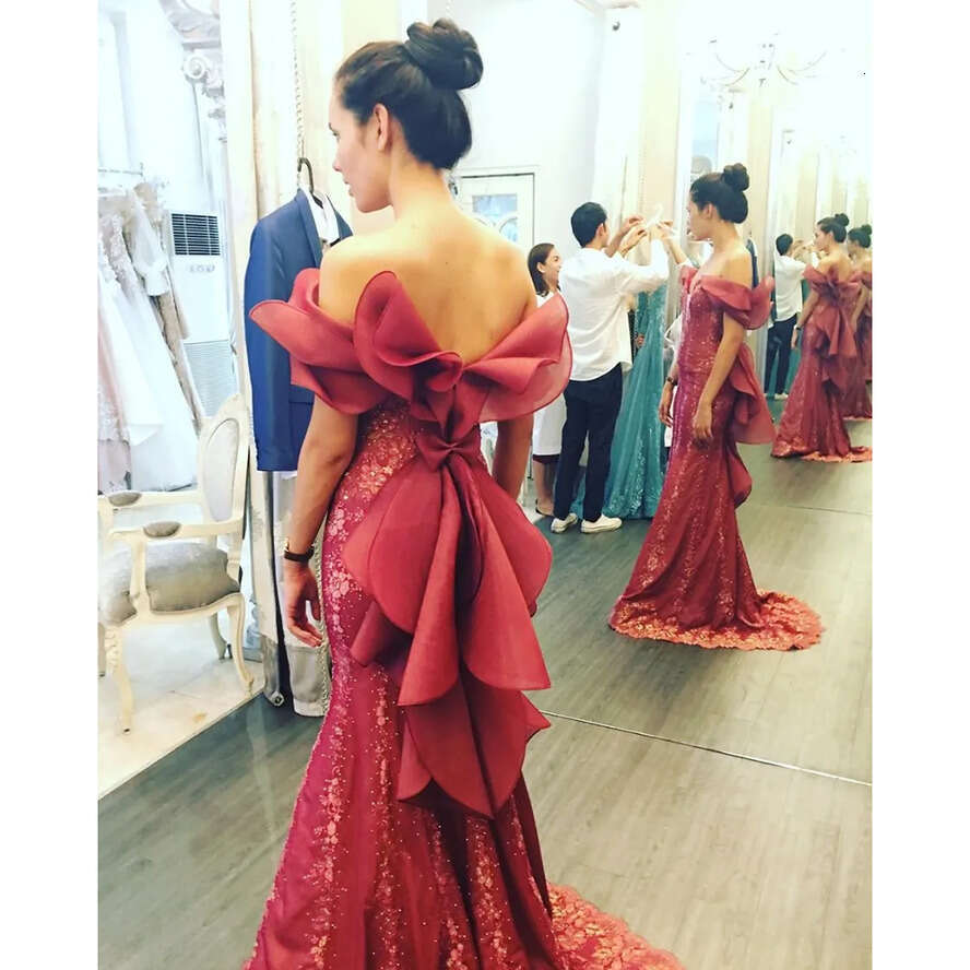 Arabia Dark Red Style Prom Dress Mermaid Dubai Gowns Off Shoulder Zipper Back Custom Made Formal Evening Dresses