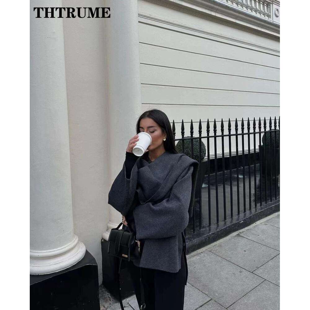 2024 New Scarf Collar Jackets For Women Elegant Solid Autumn Winter Long Sleeve Loose Coats Casual Streetwear Vintage Outwear