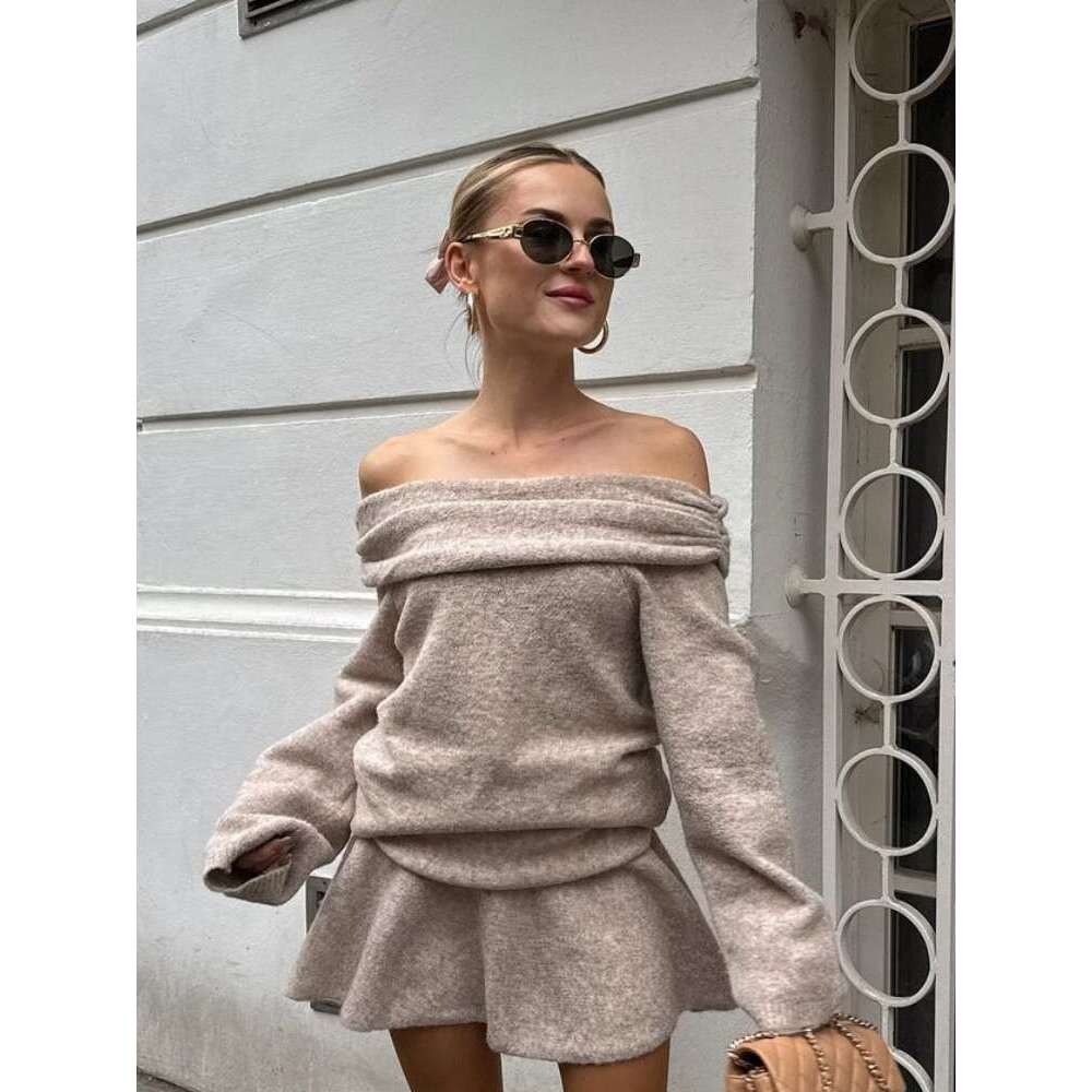 2024 New Classic One Shoulder Slim Fit Cashmere Sweater Sets Fashion Solid Pleat High Waist Mini Skirt Suit Lady Chic Streetwear