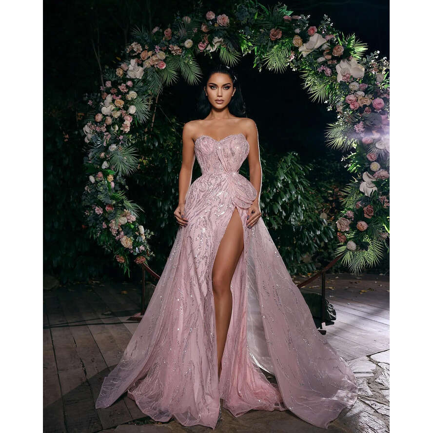 Pink A-E Sparkg Prom Dresses Princess Strapless Sleeveless Sweetheart Appliques Sequins Lace Side Slit Bow Knot Or Length Party Gowns Plus Size Custom