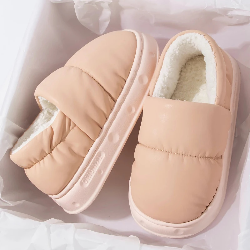 Feslishoet Men Winter Cotton Slippers Waterproof Anti Slip Thick Bottom Shoes Couple Home Use Plush Cotton Slippers Women 241025