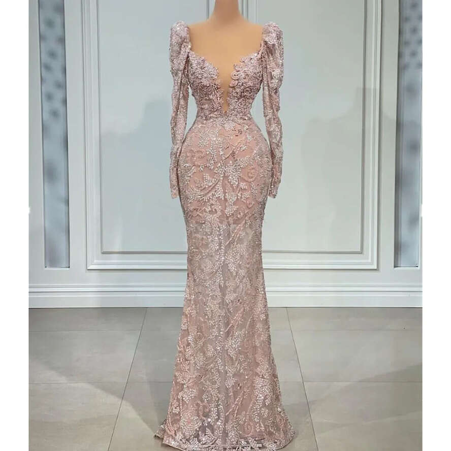 Elegant Prom Long Sleeves V Neck Appliques Shiny Sequins Dresses Beaded Train Hollow Lace Or Length Evening Dress Plus Size Custom Made 0431