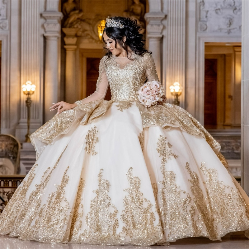 Luxury Champagne Quinceanera Dresses Princess Sequin Long Sleeve Charro Mexican Vestidos De 15 Quinceanera Tiered Ruffles Beaded Birthday Dress Xv Deb
