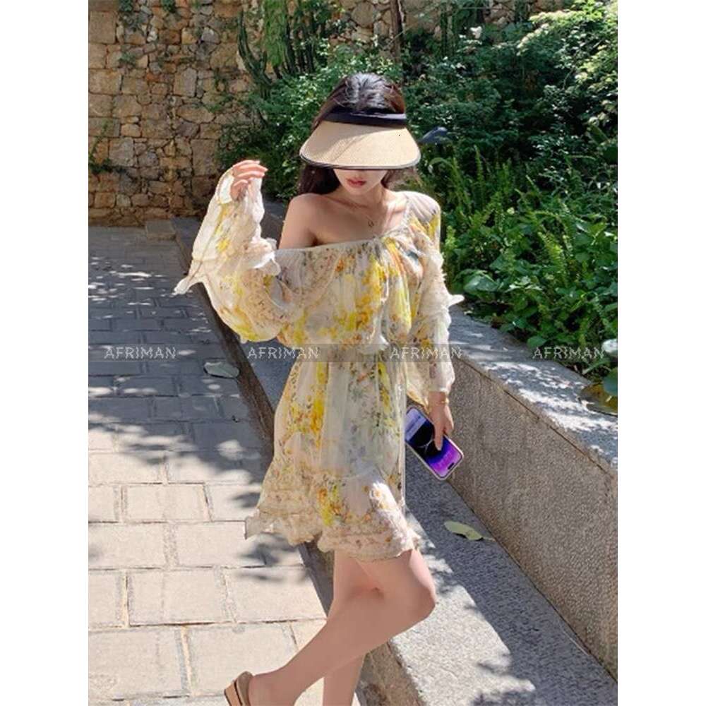 Women New V Neck Dia Beaded Ruffles Flare Sleeve Yellow Wer Print 100% Silk Loose Mini Dress