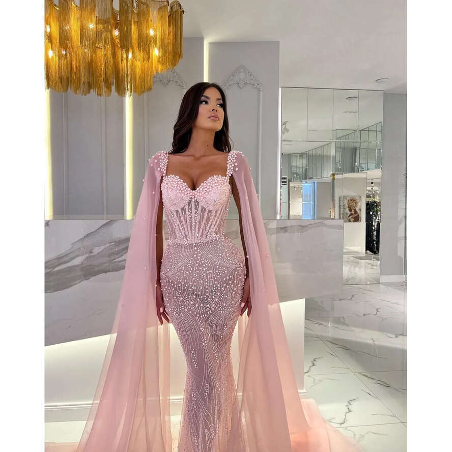 Elegant Pink With Cape Bone Bodice Beading Pearls Formal Prom Party Gowns Dresses For Special Ocns Pleats Evening Gown 0516