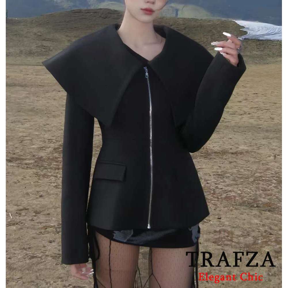 Trafza-Women Fashion Large Lapel Zipper Pocket New 2024 Autumn Winter High Street Elegant Y2k Female Jacket