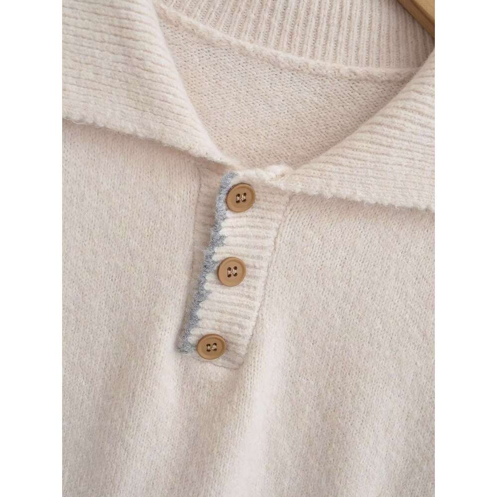 TRAFZA Women Fashion Knitted Lapel Pockets E Decoration New 2024 Spring Fall Simple Casual Sweater