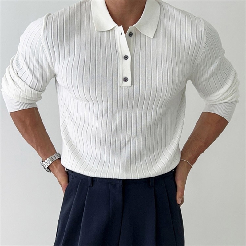 Mens Leisure Knit Polo Shirt Long Sleeve Buttondown Premium Solid Color Pullover Knitwear Streetwear Clothing 241025