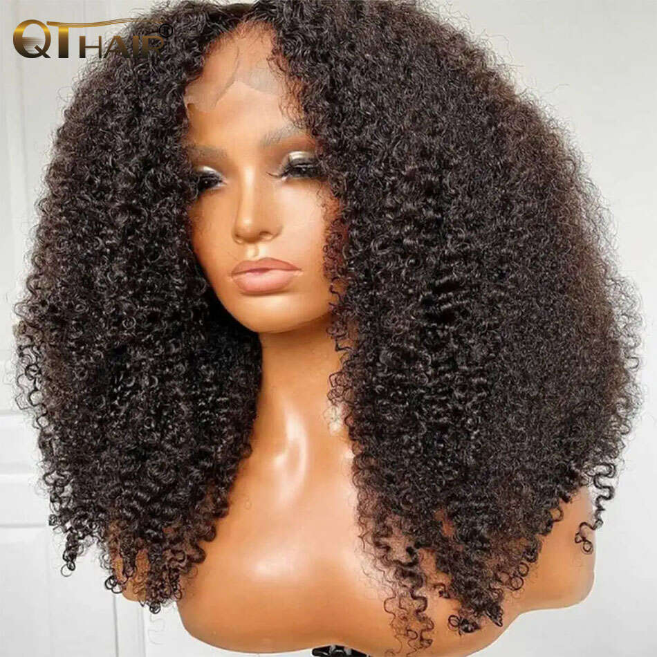 QT Brazilian x Kinky Curly Lace Front Wigs Transparent Frontal For Black Women Pre Plucked With Baby Hair