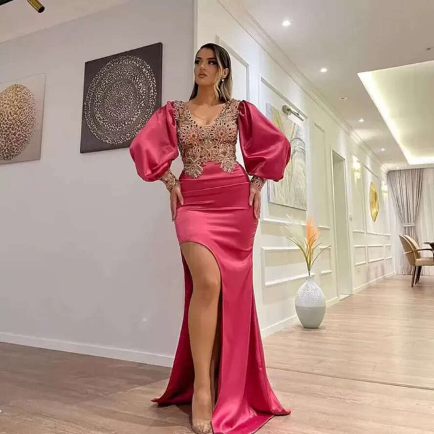 2022 Hot Pink Prom Mermaid V Neck Beads Long Sleeves Evening Dresses For Women Reception Wear Robe De