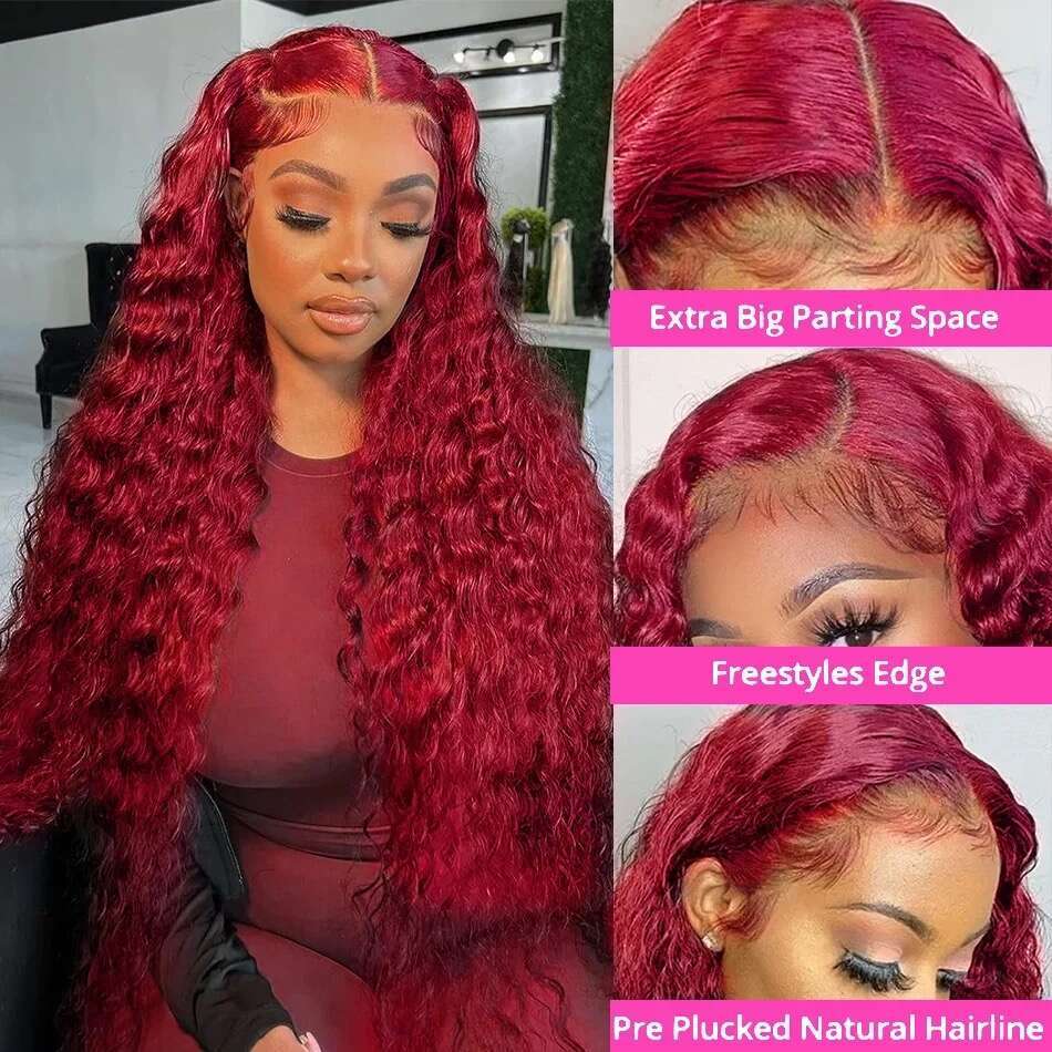 Burgudny Red Kinky Curly Human Hair Wigs Deep Wave x HD Lace Frontal J Front Wig For Women