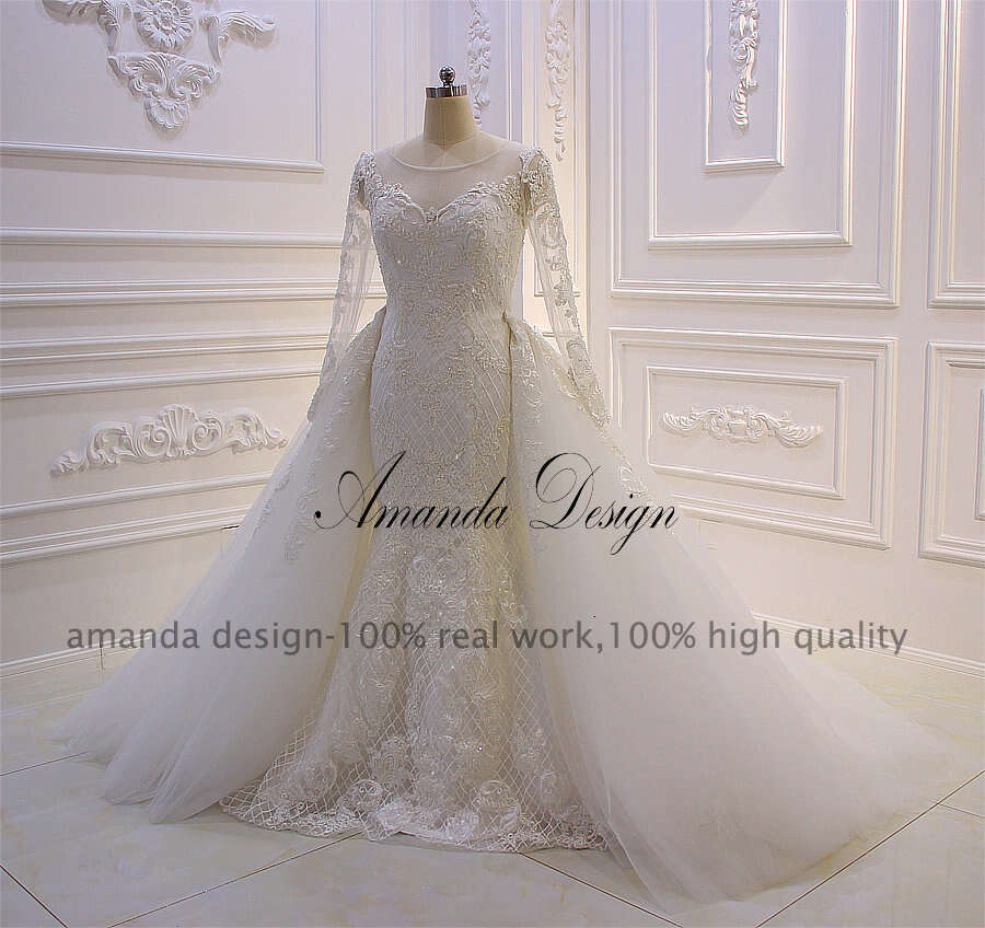 Amanda Design abendkleider Full Sleeve Lace Applique Pearls Mermaid Wedding Dress with Detachable Skirt