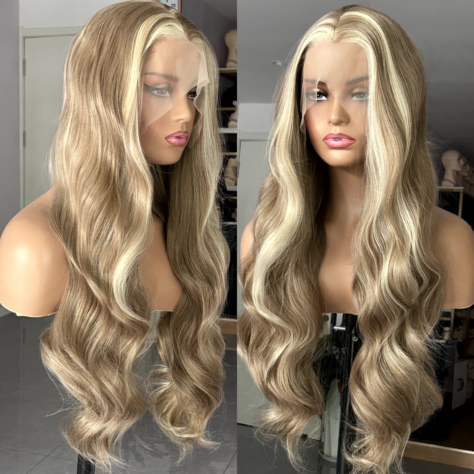 Brown Wig with Ash Blonde Highlights Synthetic Hair Long Wavy Loose Body Wave Strea Money Piece 13X4 Frontal Wigs for Women