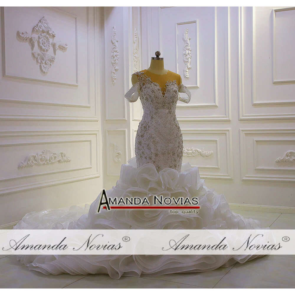 Off The Shoulder Full Beading V-neck Ruffles Mermaid Wedding Dress