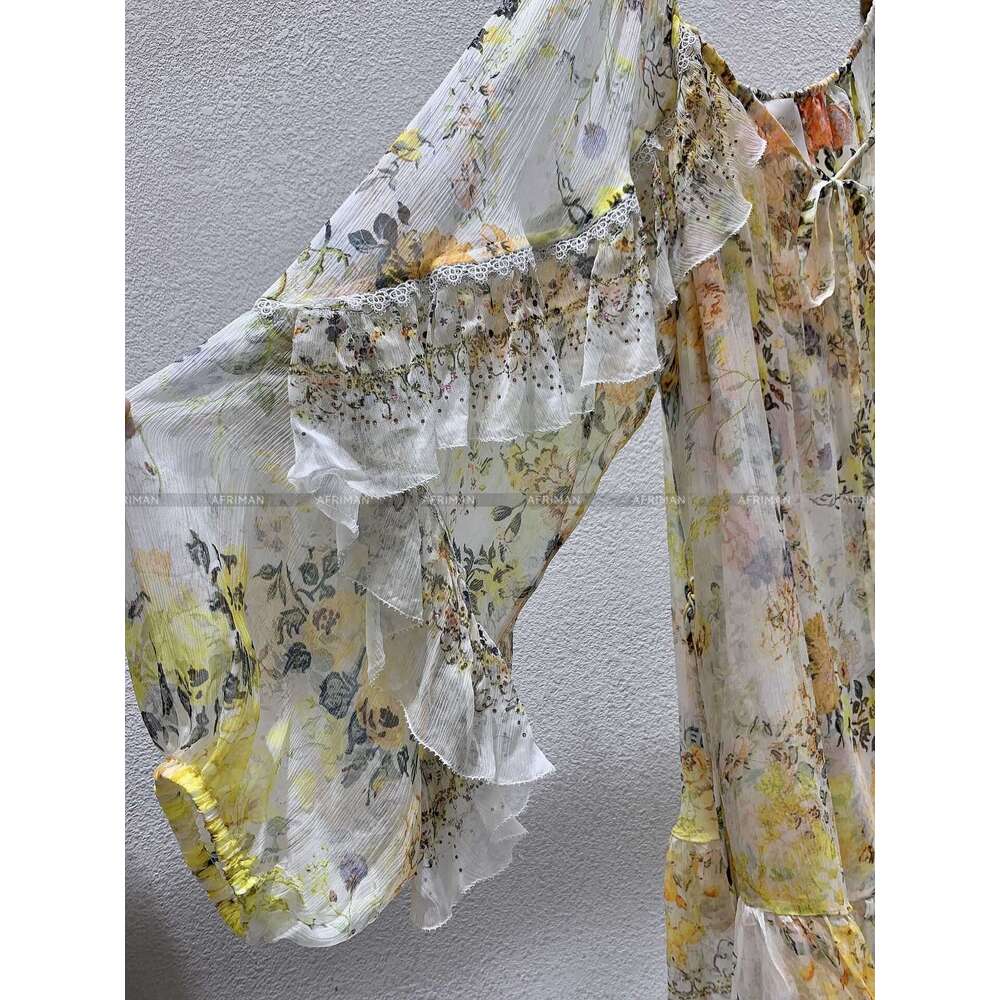 Women New V Neck Dia Beaded Ruffles Flare Sleeve Yellow Wer Print 100% Silk Loose Mini Dress