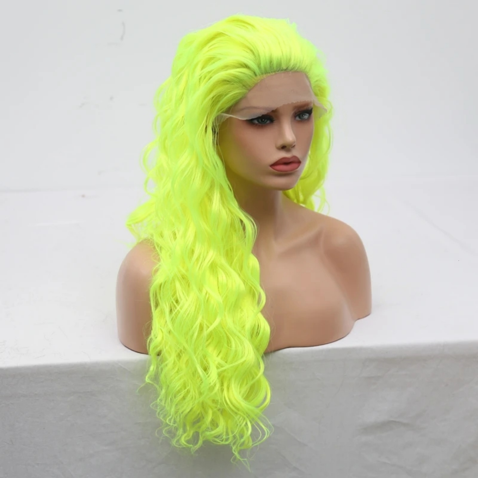 RDY Fluorescent Neon Green Water Wave Synthetic Front Wig Glueless Colored Long Curly Hair Lace Frontal Wigs for Women