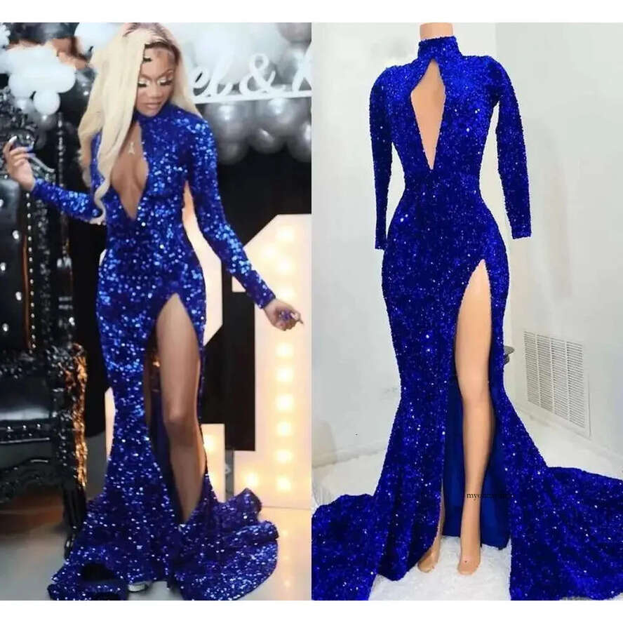 2024 Sexy Royal Blue Dresses High Neck Keyhole Sequined Lace Sequins Sparkly Mermaid Side Split Long Sleeves Evening Dress Prom Gowns Or Length 0513