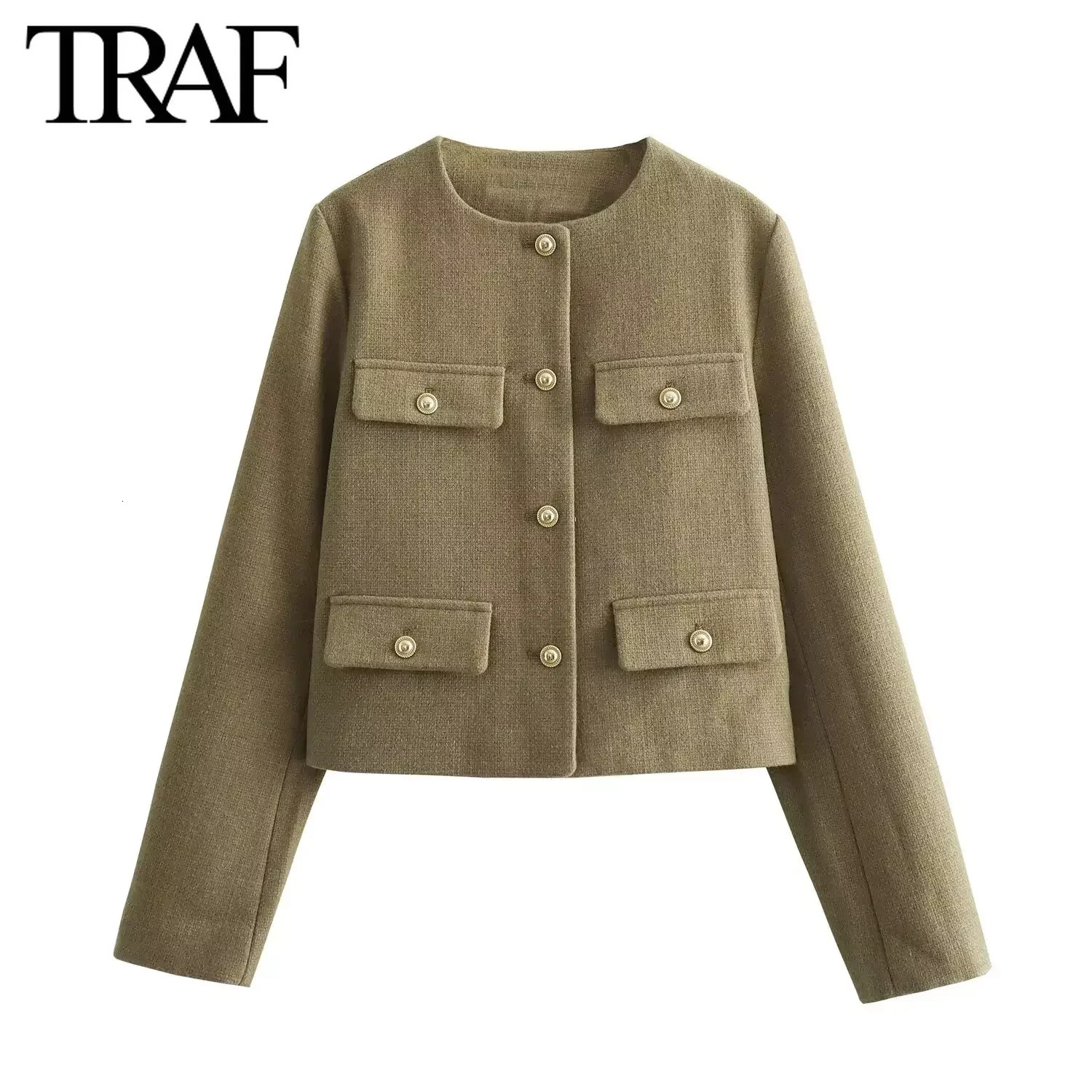 TRAF Women Fashion Autumn Winter Singlebreasted Textured Round Neck Flip Pocket Short Jacket Coat Chic Ladies Tops Mujer 241024