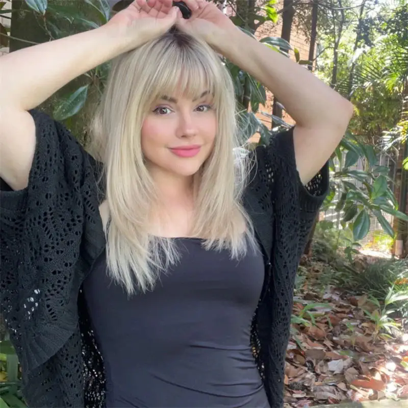 Glueless Human Hair Wig Ombre Honey Blonde Ash Roots Lace Front Wig layered Straight Hair Ponytailed with Fringe Natural Look Bangs Wig
