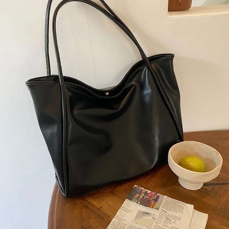 Portable Fashion Bucket Women Tote Large Capacity Soft Pu Leather Shoulder Bag Retro Solid Color Underarm Pouch For Student