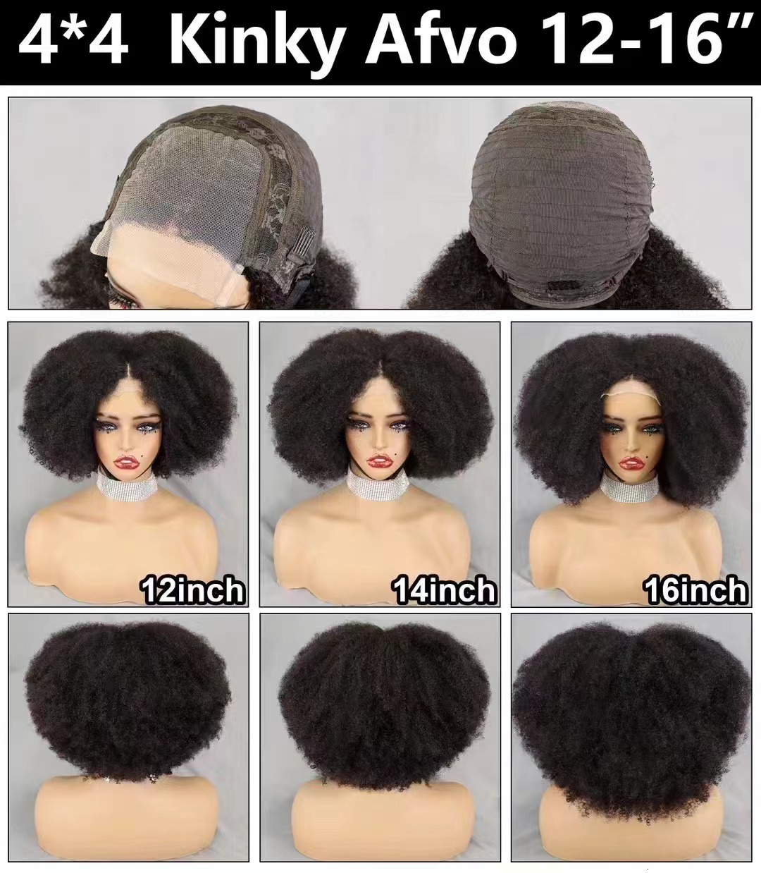 Natural Black 4x4 Lace Closure 300% Density Afro Kinky Human Hair Wigs for African Balck Women 12 14 16 Inches Short Bob Wig