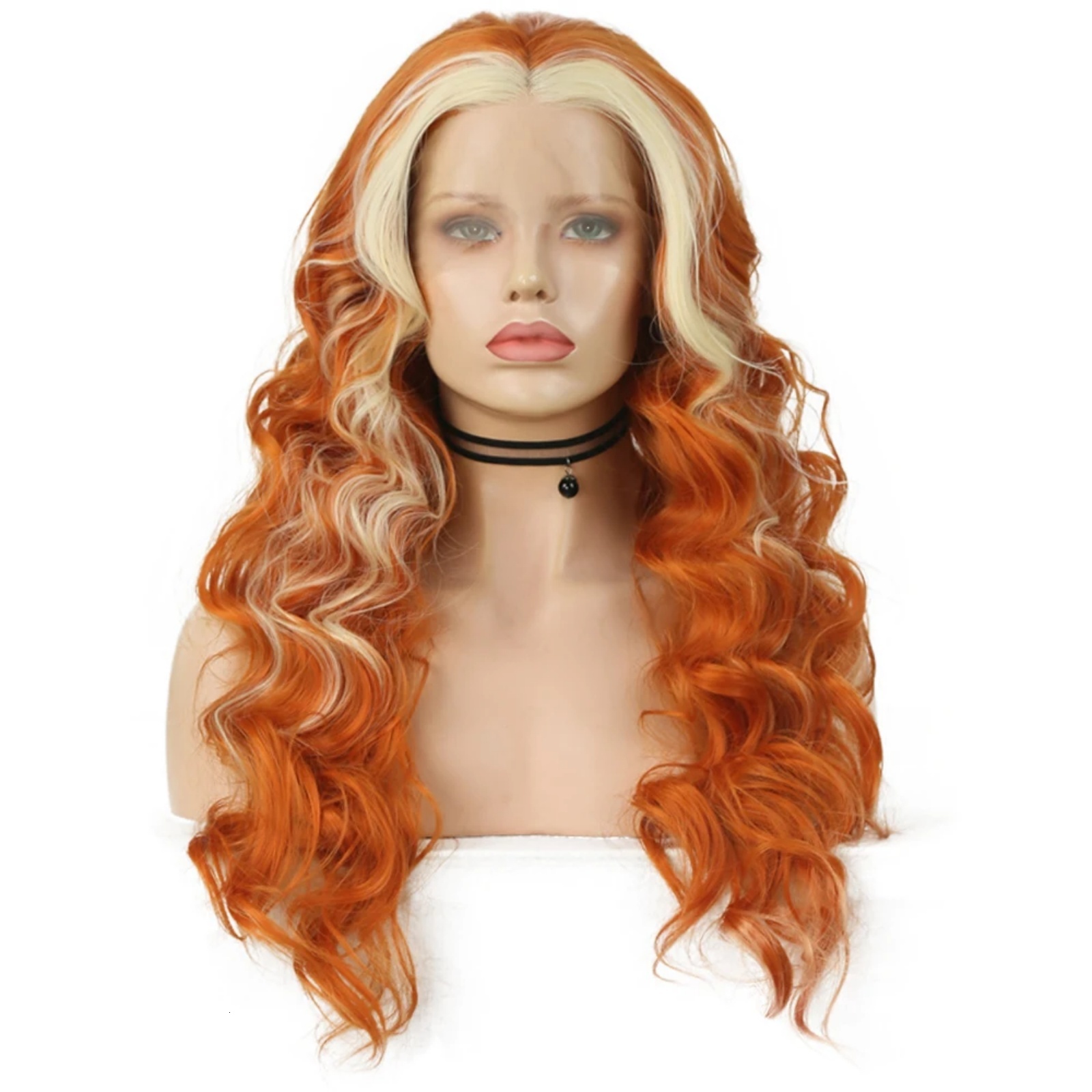 Ginger with Blonde Highlights Synthetic Lace Front Wig Loose Deep Long Curly Wavy Hair 13X4 Frontal Wigs for Women Party