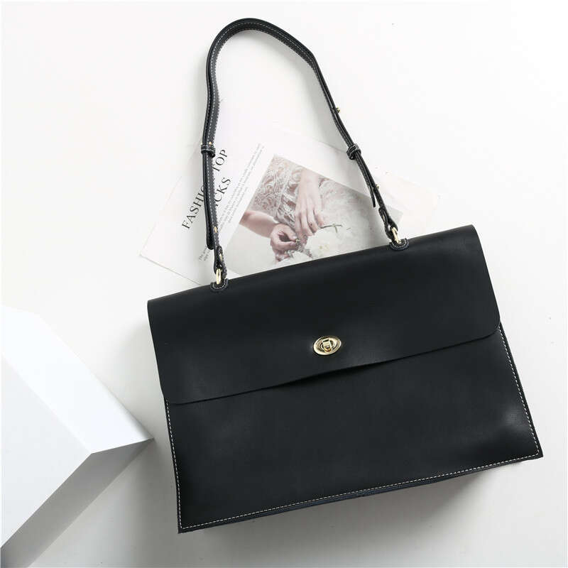 simple solid color style largecapacity commuter shoulder cowhide leather briefcase flip tote 14inch computer bag