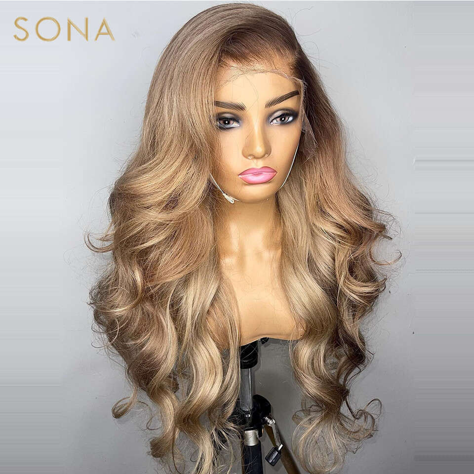 x HD Transparent Lace Frontal Wig Pre Plucked Ombre Honey Blonde Front Wigs Colored Human Hair with Brown Root