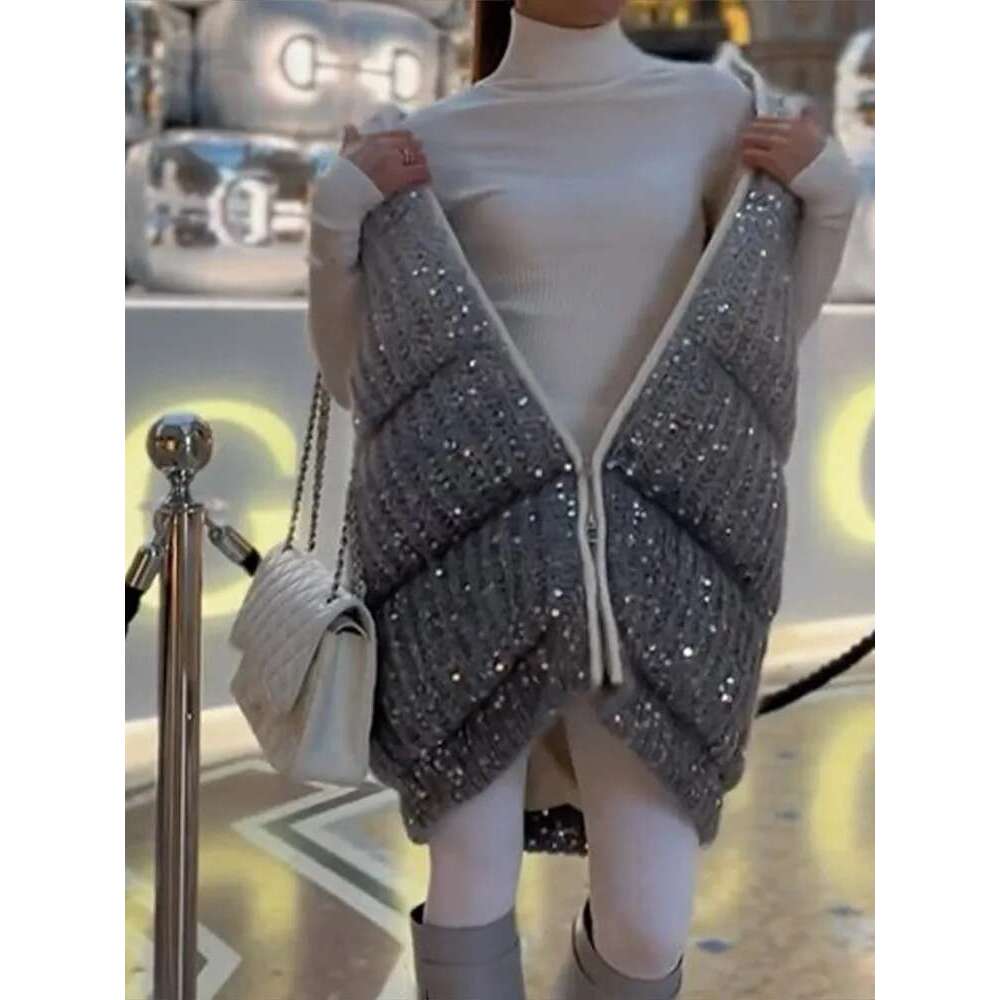 2024 Gradient Sequins Sleeveless Knitted Vest Fashion Stand Collar Zipper Short Coat Autumn Winter New Warm Street Waistcoat