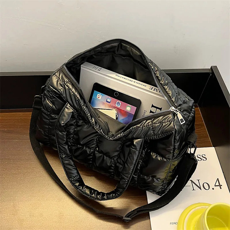 Nylon Waterproof Bucket Shoulder Messenger Bags for Women Winter Down Fabric Female Padded Handbags With Short Handle 241021