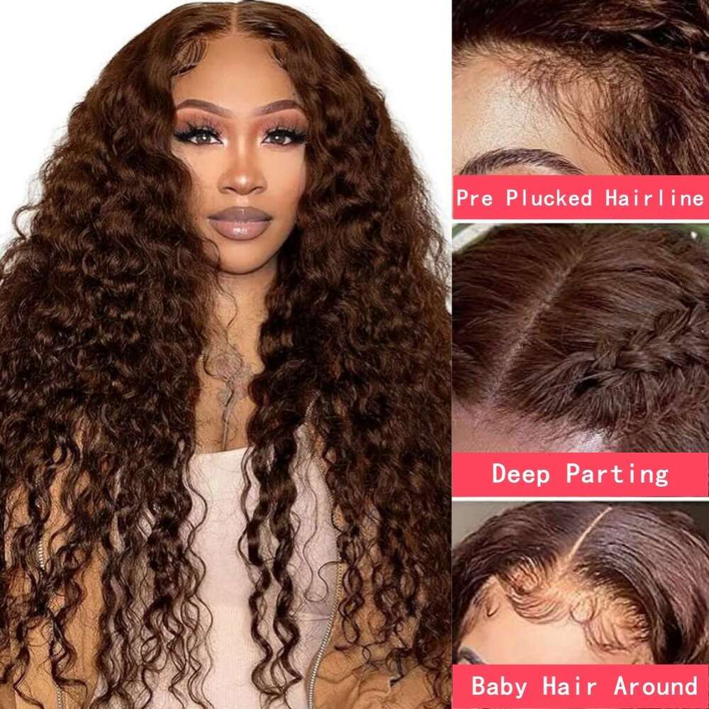 Deep Wave Chocolate Brown x HD Human Hair Lace Frontal Wigs Brazilian For Women Curly
