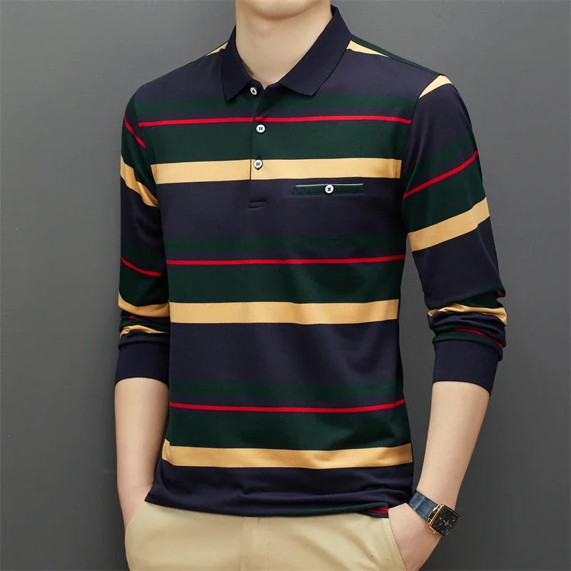 Mens Casual Stripe Plaid Long Sleeve Polo Shirt Fashion Top y241024