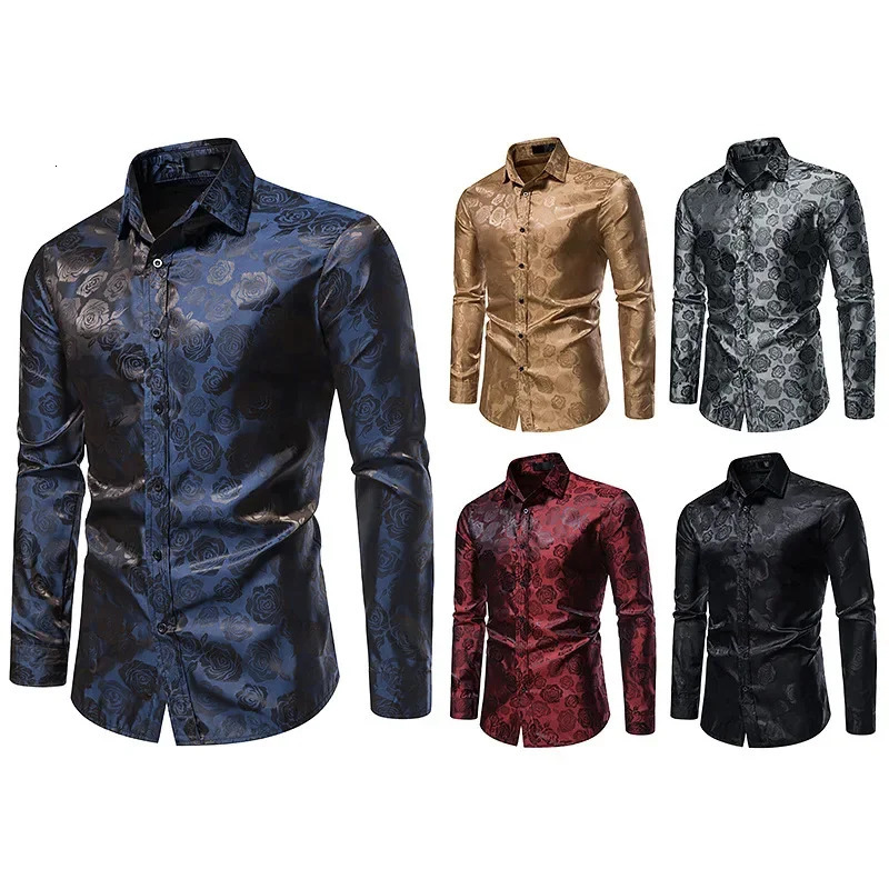 Black rose print mens shirt long sleeved floral paisley silk business party wedding shirt mens clothing chemical men 241028