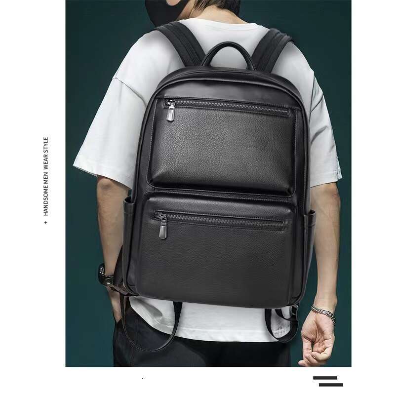 Fashion Korean Style Black Genuine Leather Men's Outdoor Business Travel Backpack Schoolbag For Laptop 16 Inch