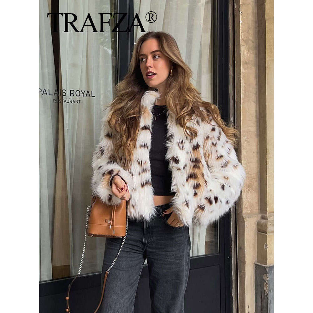 T Fashion Printed Women Fluffy Faux Fur Coats Elegant Stand Collar Long Sleeve Jackets Winter Lady High Street Warm Outwear