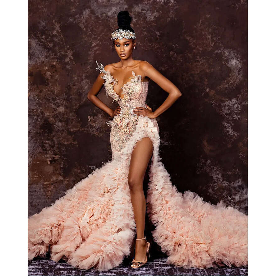 2024 Arabic Aso Ebi Champagne Mermaid Wedding Dresses Lace Beaded Crystals Urious Bridal Gowns Dress 0509
