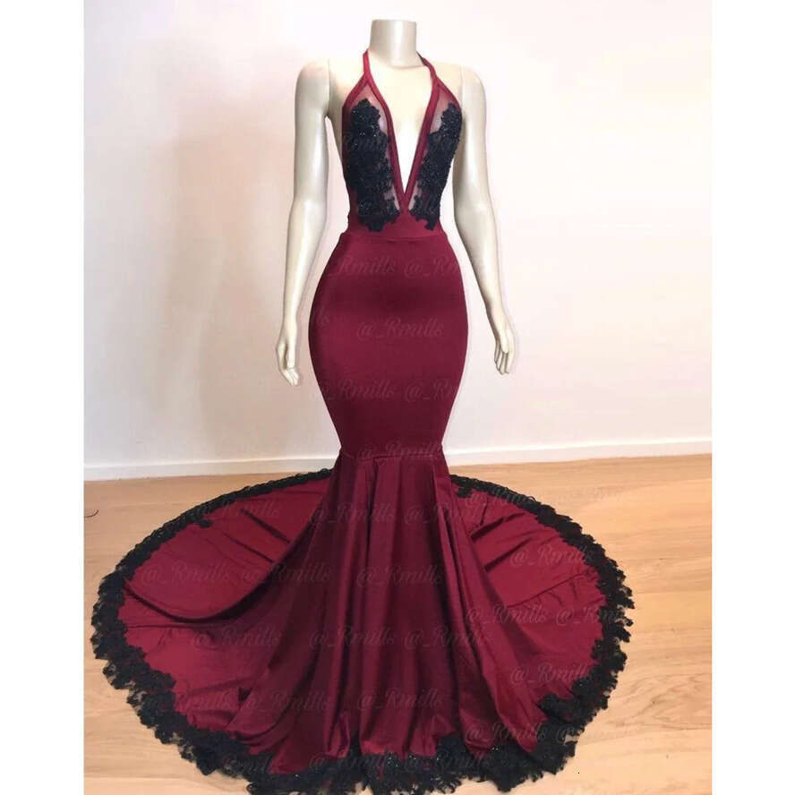 2019 Sexy Backless Bury Mermaid Long Prom Dresses With Black Lace Appliqued Formal Evening Gowns Halter Deep V Neck Sequins