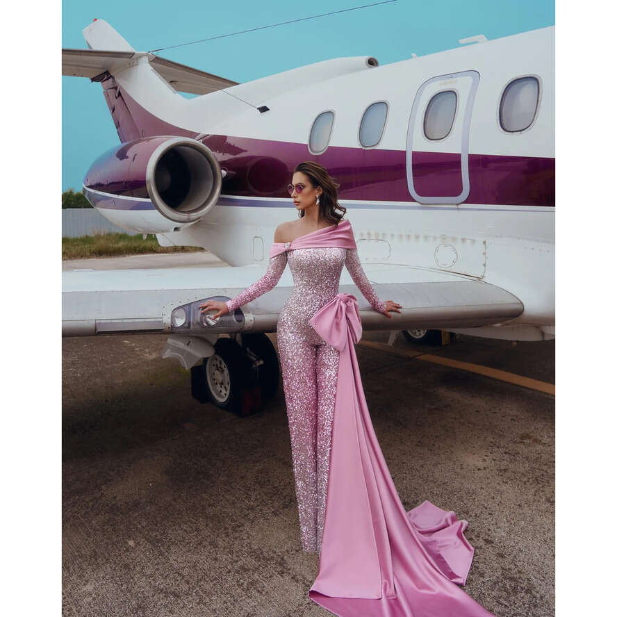 Elegant Pink Jumpsuits Evening Gown Off Shoulder Sequins Party Prom Pantssuit Bow Knot Sweep Train Formal Long Jumpsuit For Special Ocn 0515