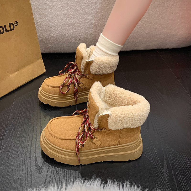 Women Fashion Boots:Thick Sole Snow Boots Winter Fleece Warm New Trendy British Style Lace Up Versatile,Light Tan/Khaki/Beige,Free shipping