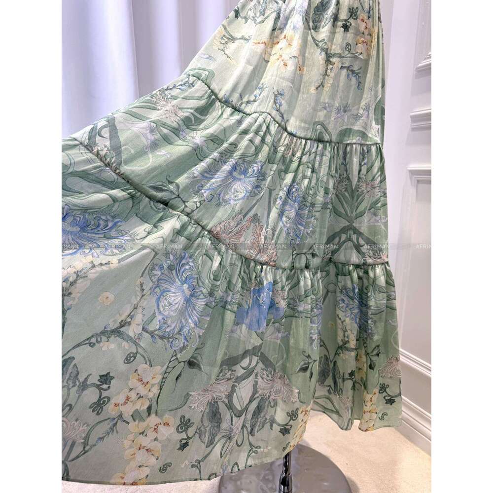 2024 New V Neck Crystal Beaded Sexy Cross Strapless Green Wer Print Maxi Long Silk Sg Dress