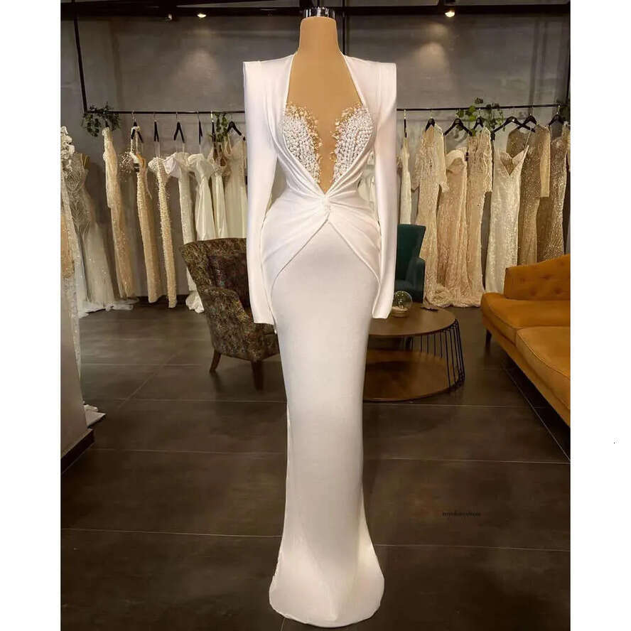 Elegant Evening Women V Neck Long Sleeves Backless Or Length Formal Dress Appliques Sequins Satin Pearls Prom Dresses Plus Size Tailored Tailor Made 0