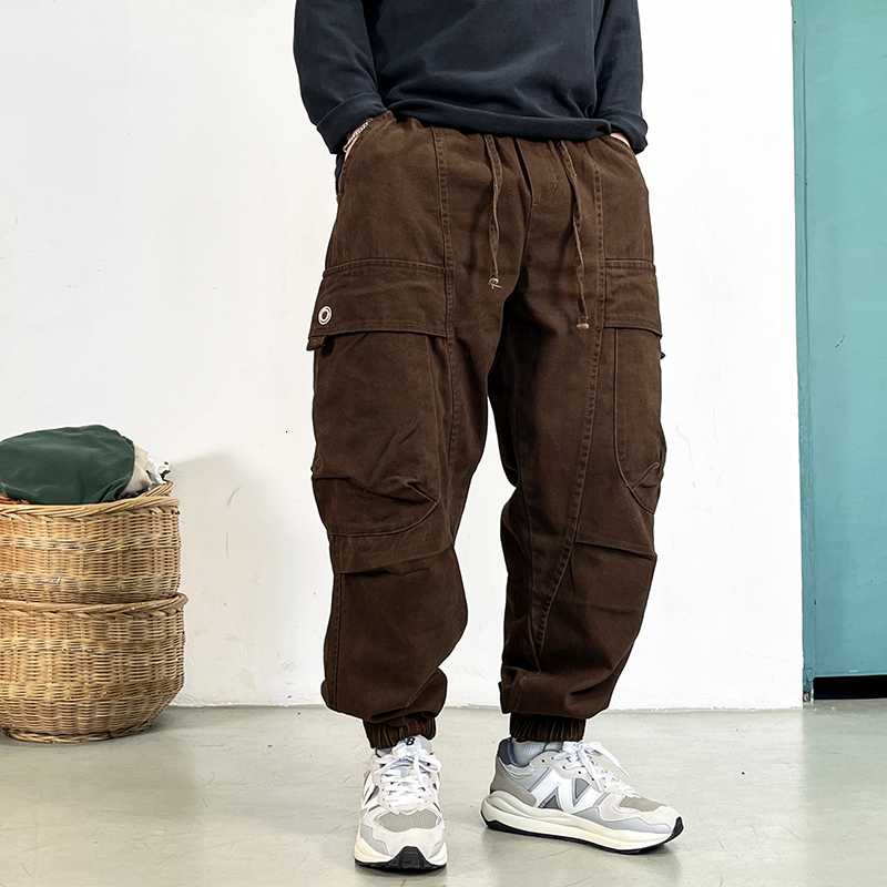 High Quality Plus Size Cargo Men Vintage Big Pocket Wear-Resistant Baggy Pants Fashions Khaki Joggers Male Casual Trousers
