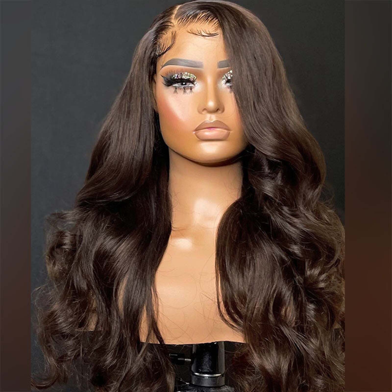 Dark Brown Body Wave Synthetic Lace Front Wig Long Curly Wavy Brunette Colored Hair 13X4 Frontal Wigs for Women Daily Party