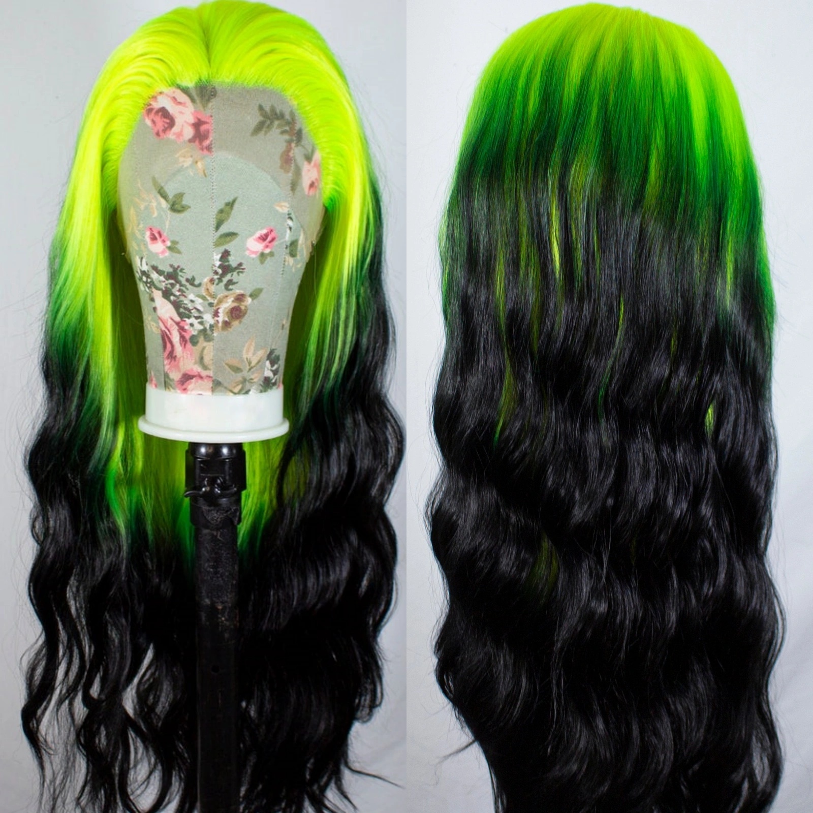 Ombre Green Black Highlight Wig Synthetic Hair Loose Deep Wave Long Curly Wavy 13X4 frontal Colored Wigs for Women Party Cosplay