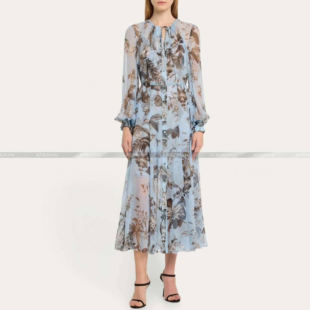 Women Silk Blue Corower Print Sleeve High Waist Slimming Long Dress