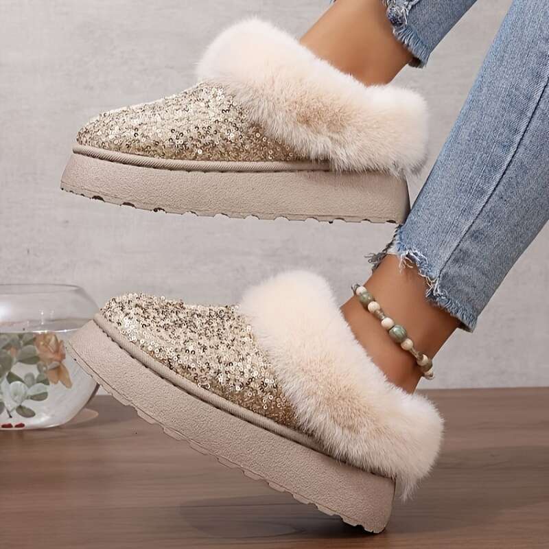 Women's Sequins Decor Platform Short Fashion Slip On Plush ed Boots, Comfortable Winter Ankle Boots