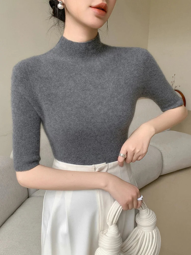 Womens Ultra Thin Plain Collar Half Sleeve Pullover Sweater Solid Color Basic Soft 100% Merino Wool Knitted Spring Summer Top 241028